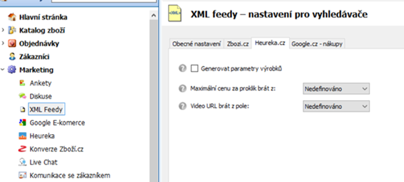 nastavení heureka xml